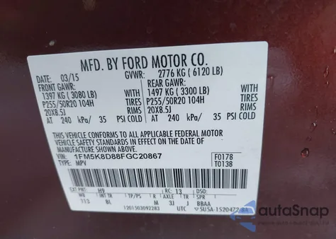 2015 Ford Explorer Xlt из США, поврежденный, VIN 1FM5K8D88FGC20867